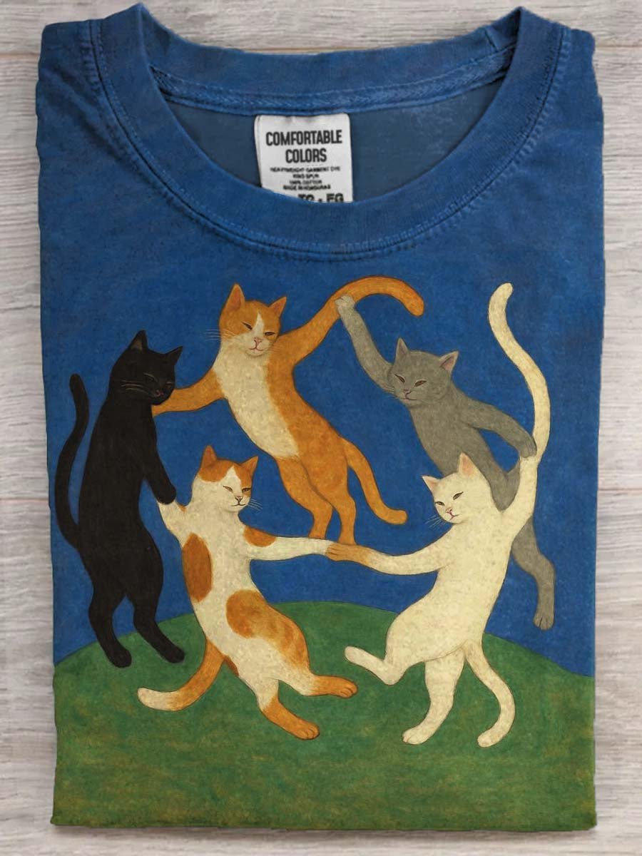 Retro Dancing Cat Print Casual Short-Sleeve T-Shirt