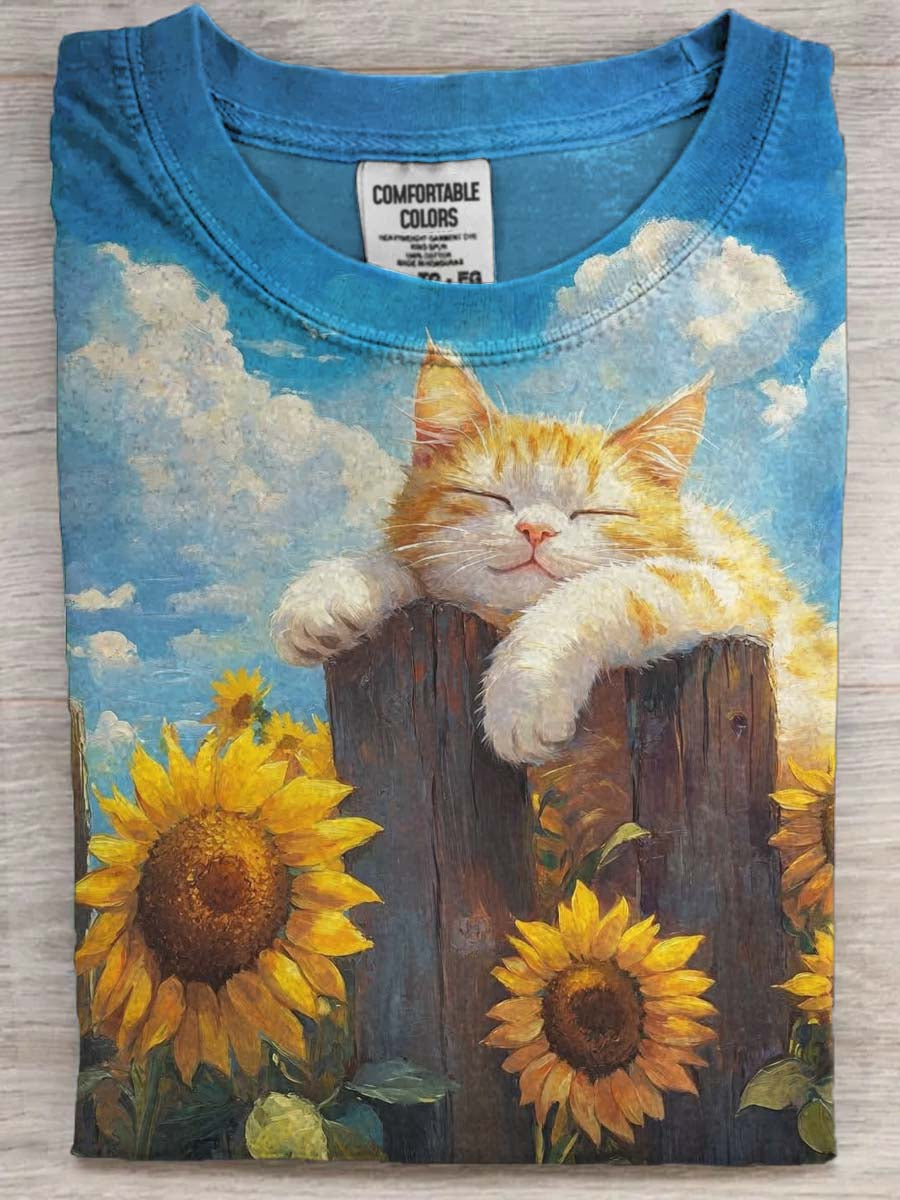 Oil Painting Style Sleeping Cat Print Casual Short-Sleeve T-Shirt
