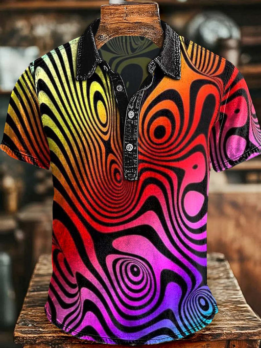 Rainbow Optical Illusion Wavy Print Casual Short-Sleeve Polo Shirt