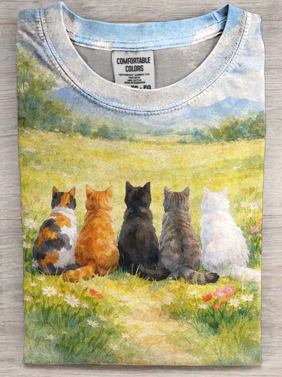 Watercolor-Style Cat Group Print Casual Short-Sleeve T-Shirt