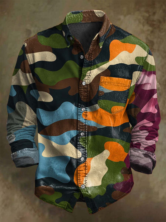 Patchwork Contrast-Color Camouflage Print Casual Long-Sleeve Shirt