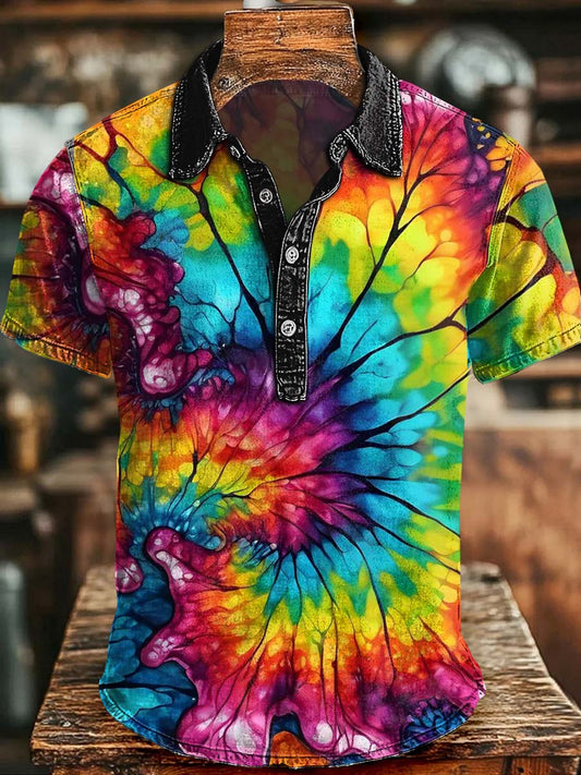Rainbow Tie-Dye Print Casual Short-Sleeve Polo Shirt