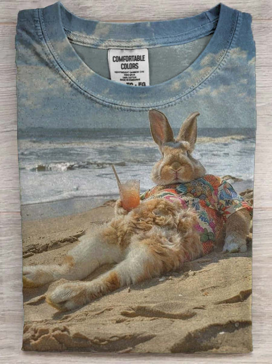 Vacation-Style Sand Rabbit Print Casual Short-Sleeve T-Shirt