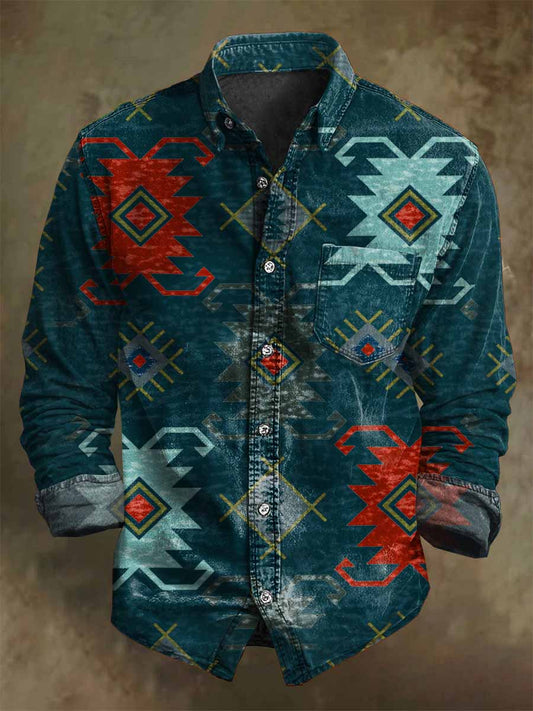 Western Ethnic-Inspired Geometric Print Casual Long-Sleeve Shirt