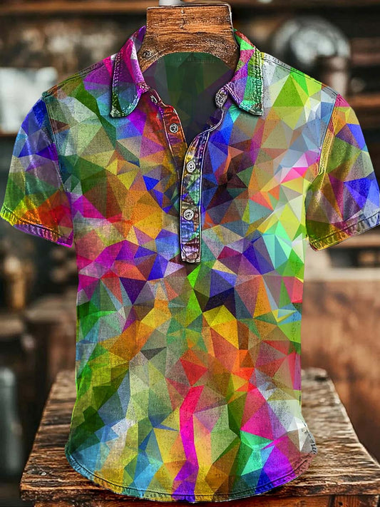 Colorful Geometric Block Print Casual Short-Sleeve Polo Shirt