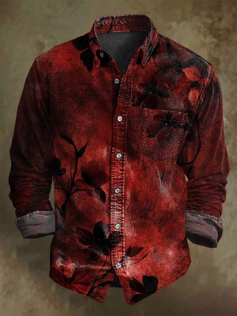 Red and Black Splatter Floral Print Casual Long-Sleeve Shirt