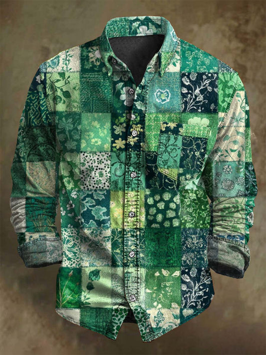 Retro Patchwork Floral Print Casual Long-Sleeve Shirt