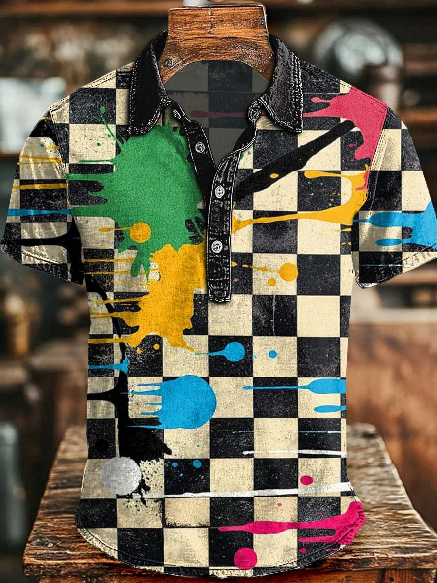 Black-and-White Checkered Splatter Print Casual Short-Sleeve Polo Shirt