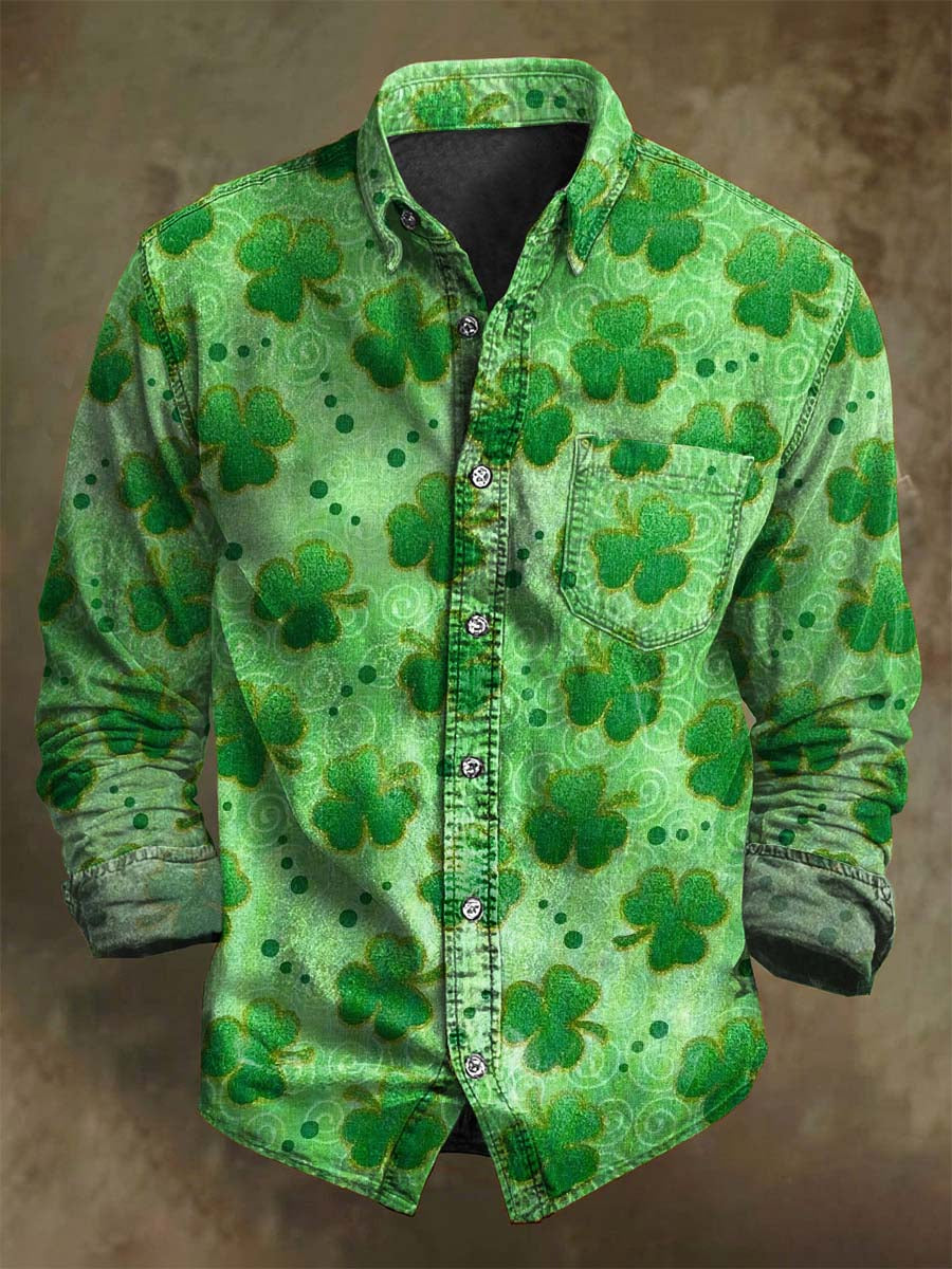 St. Patrick's Day Shamrock Print Casual Long-Sleeve Shirt