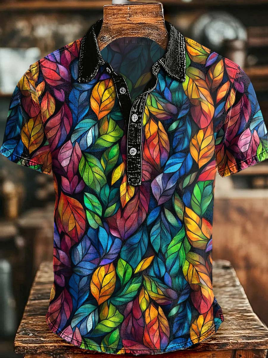 Rainbow Leaf Print Casual Short-Sleeve Polo Shirt