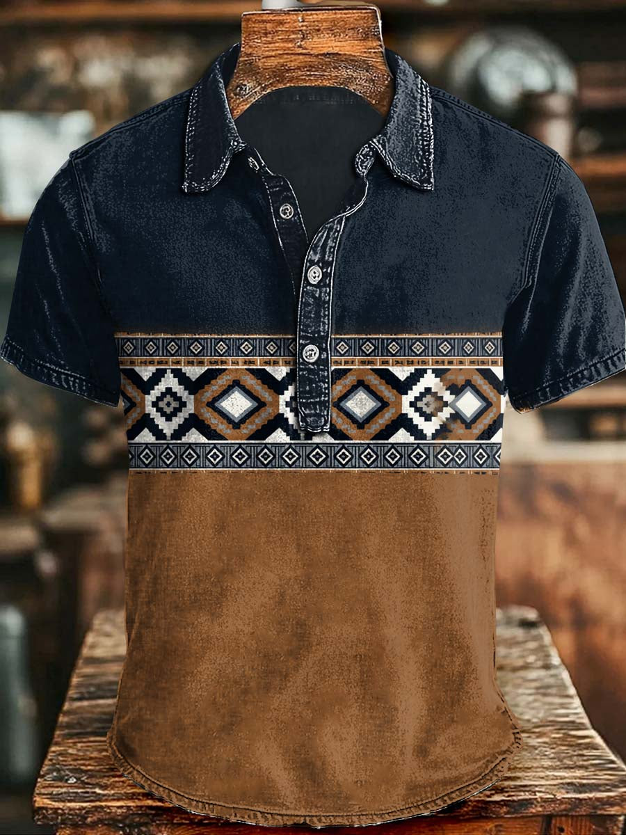 Western Ethnic-Style Patchwork Print Casual Short-Sleeve Polo Shirt