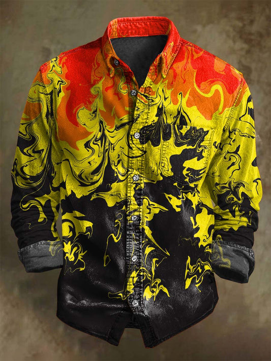 Abstract Flame Ink-Splash Print Casual Long-Sleeve Shirt