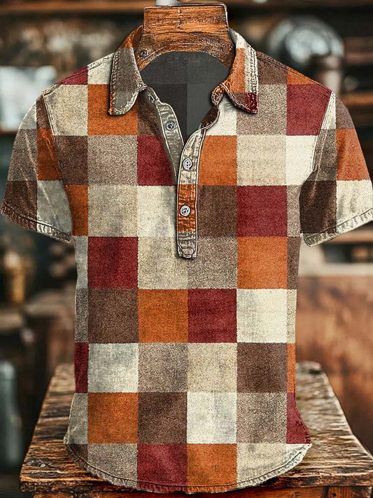 Retro Brown-Red Plaid Print Casual Short-Sleeve Polo Shirt