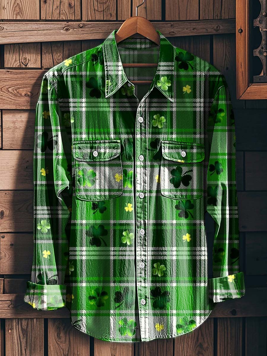 St. Patrick's Plaid Print Casual Long-Sleeve Shirt