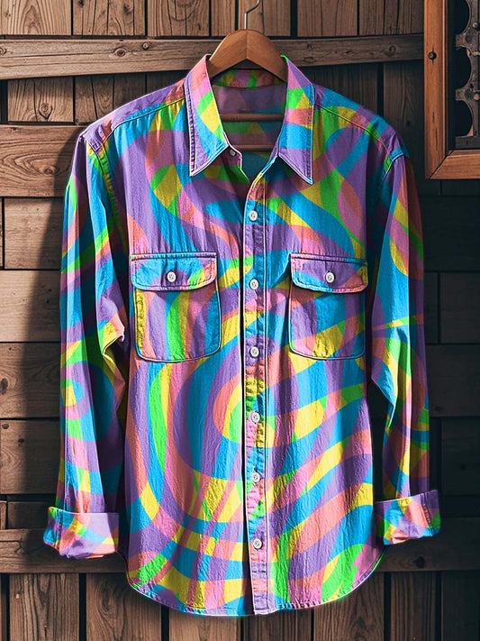Rainbow Vortex Optical Illusion Print Casual Long-Sleeve Shirt