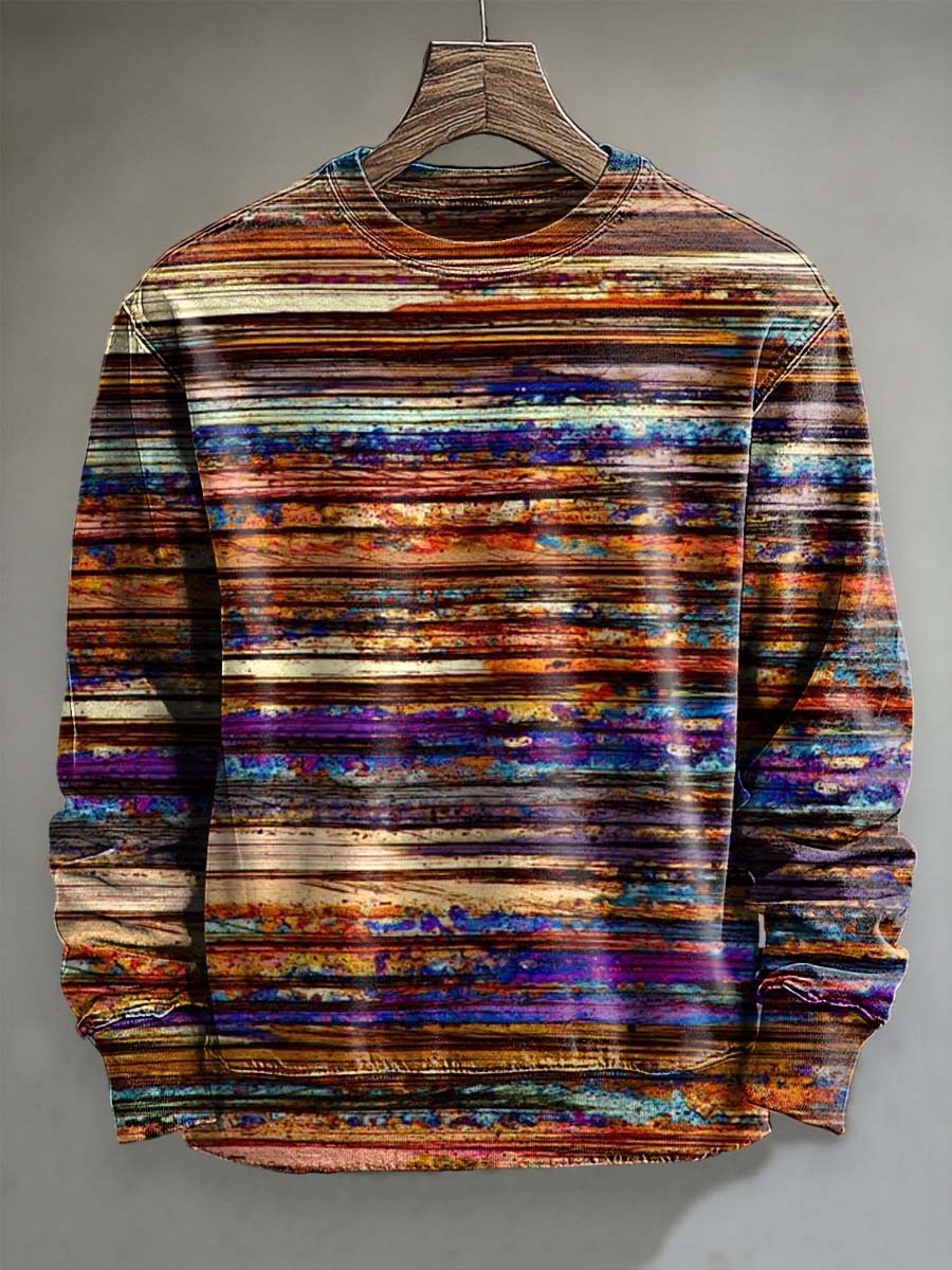 Retro-inspired distressed stripe print casual crewneck sweatshirt