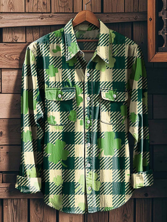 St. Patrick's Plaid Print Casual Long-Sleeve Shirt