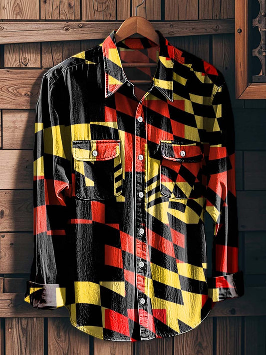 Abstract Geometric Contrast-Printed Casual Long-Sleeve Shirt