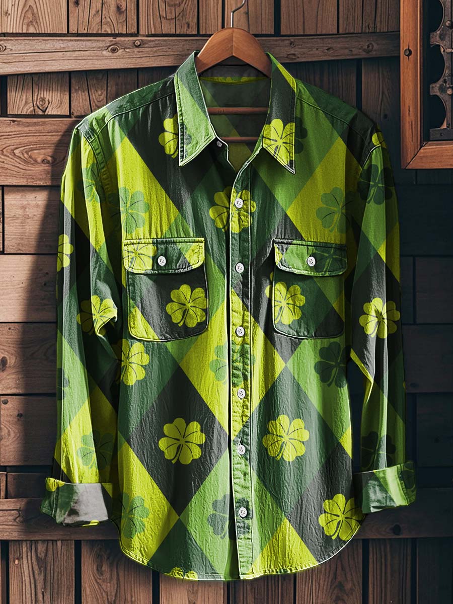 St. Patrick's Plaid Print Casual Long-Sleeve Shirt
