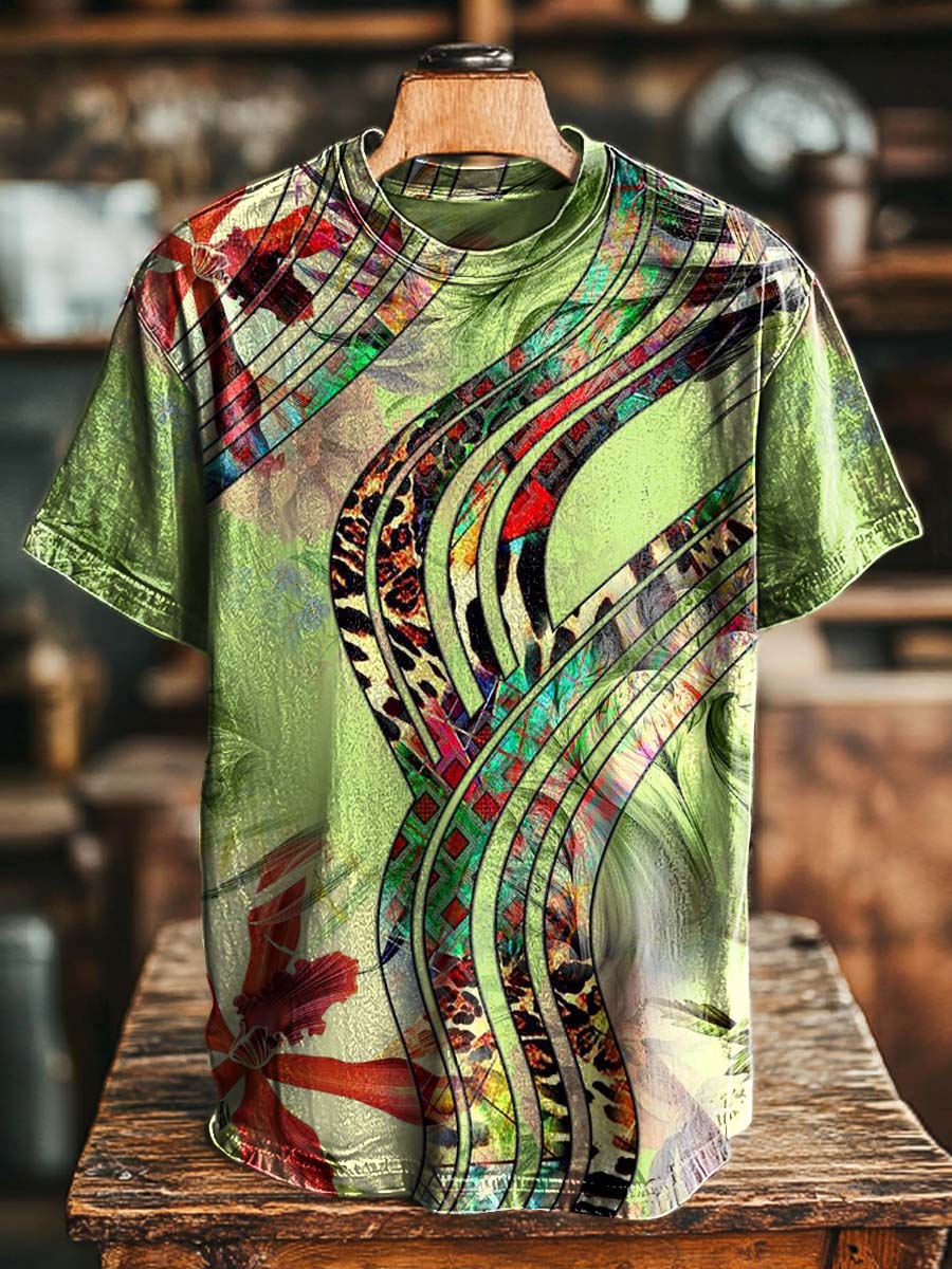 Rainbow-Hued Flowing Ripple Texture Print Casual Short-Sleeve T-Shirt
