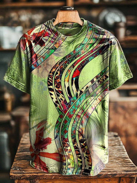 Rainbow-Hued Flowing Ripple Texture Print Casual Short-Sleeve T-Shirt