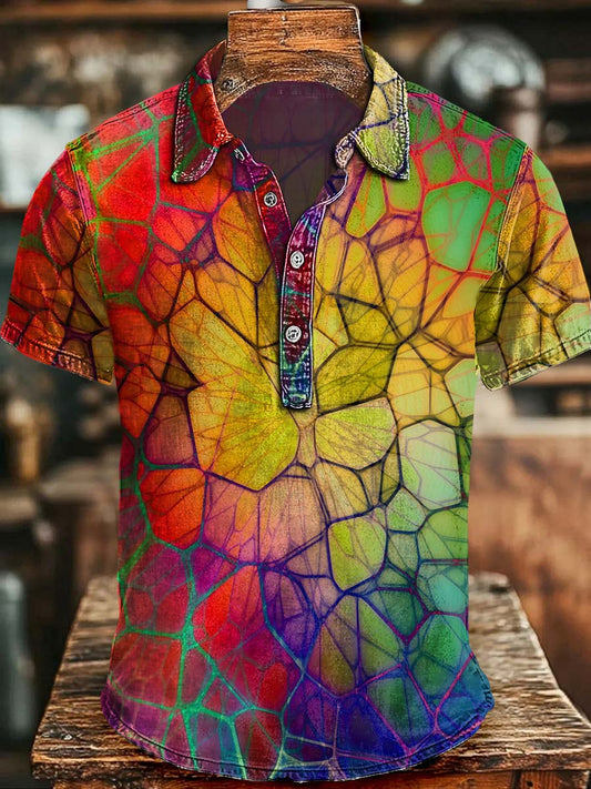 Abstract Rainbow Cell Crack Print Casual Short-Sleeve Polo Shirt