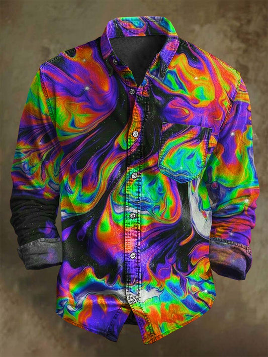 Abstract Neon Ink Flow Print Casual Long-Sleeve Shirt