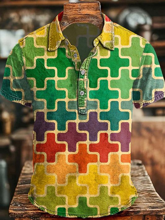 Abstract Retro Puzzle Block Print Casual Short-Sleeve Polo Shirt