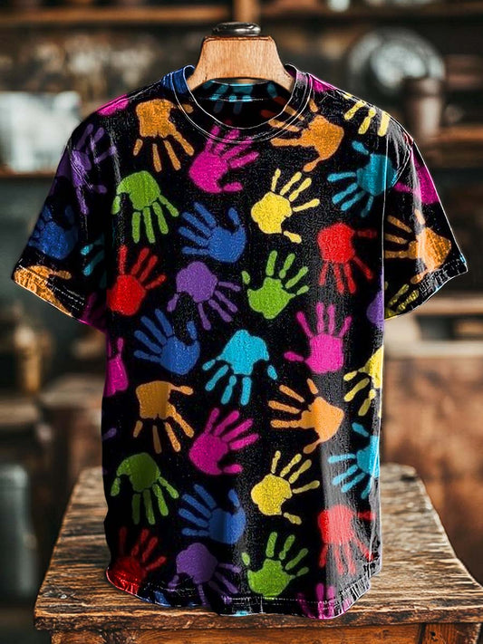 Colorful Handprint Print Casual Short-Sleeve T-Shirt