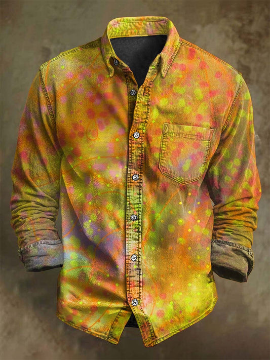 Abstract Gold Orange Splash Ink Textured Print Casual Long-Sleeve Shirt