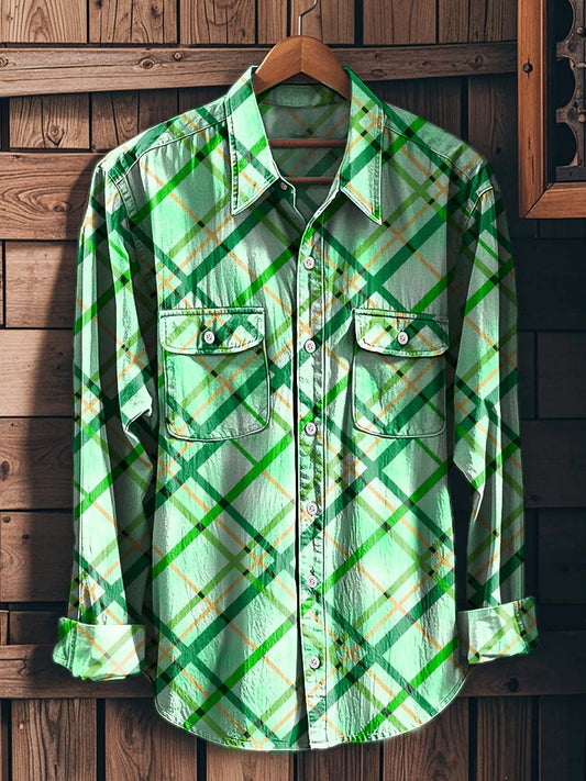 St. Patrick's Plaid Print Casual Long-Sleeve Shirt