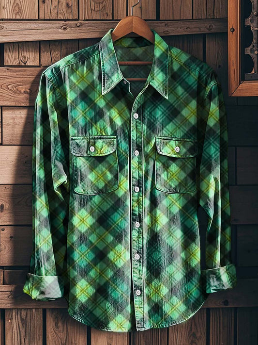 St. Patrick's Plaid Print Casual Long-Sleeve Shirt