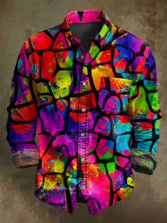 Abstract Color Crack Texture Print Casual Long-Sleeve Shirt