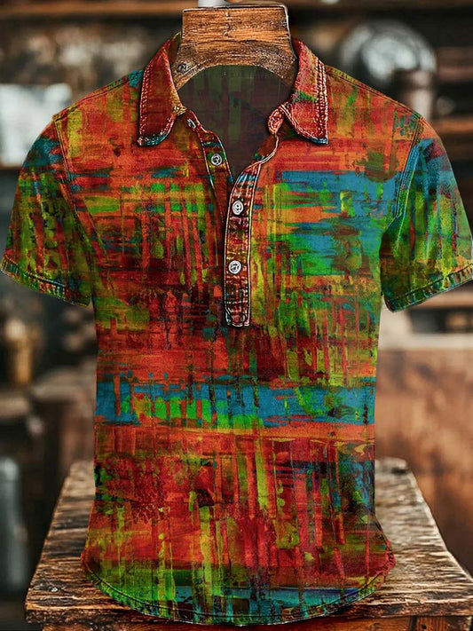 Abstract Oil Painting Textured Print Casual Short-Sleeve Polo Shirt
