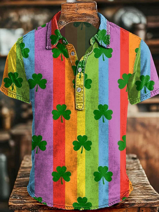 Rainbow Striped Clover Print Casual Short-Sleeve Polo Shirt