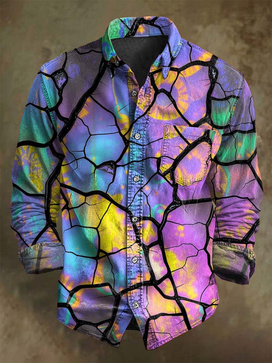 Abstract Color Crack Texture Print Casual Long-Sleeve Shirt