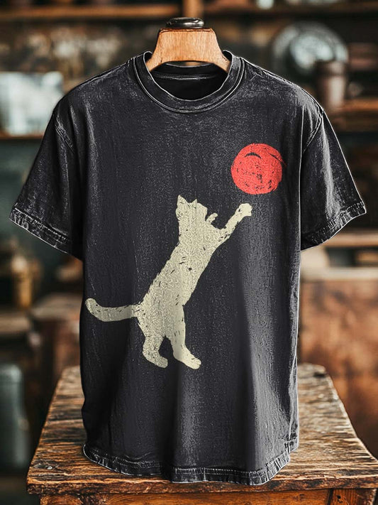 Cat Red Sun Print Casual Short-Sleeve T-Shirt