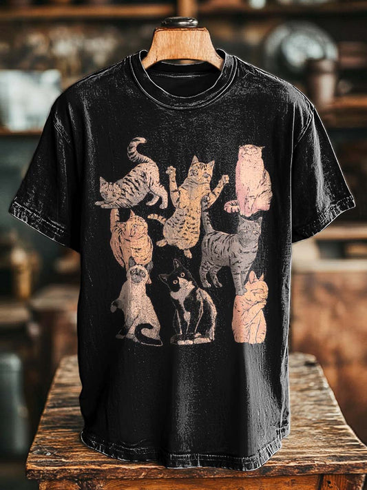 Retro Cat Collage Print Casual Short-Sleeve T-Shirt