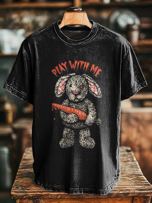 “PLAY WITH ME” Dark Rabbit Print Casual Short-Sleeve T-Shirt