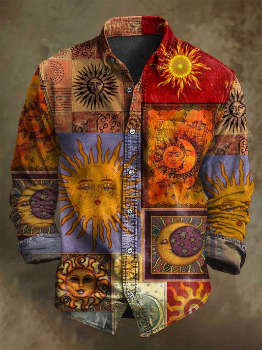 Abstract Sun and Moon Print Casual Long-Sleeve Shirt