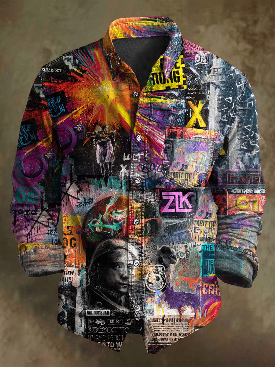 Abstract Doodle-Style Print Casual Long-Sleeve Shirt