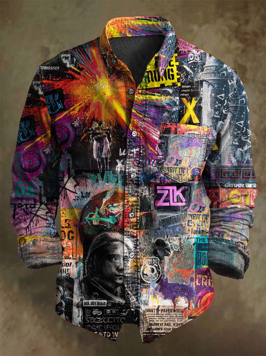 Abstract Doodle-Style Print Casual Long-Sleeve Shirt
