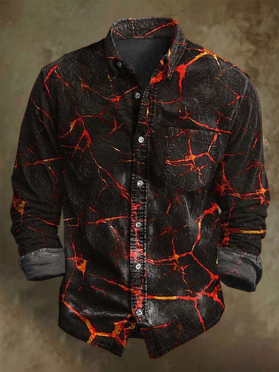Lava Crack Textured Print Casual Long-Sleeve Shirt