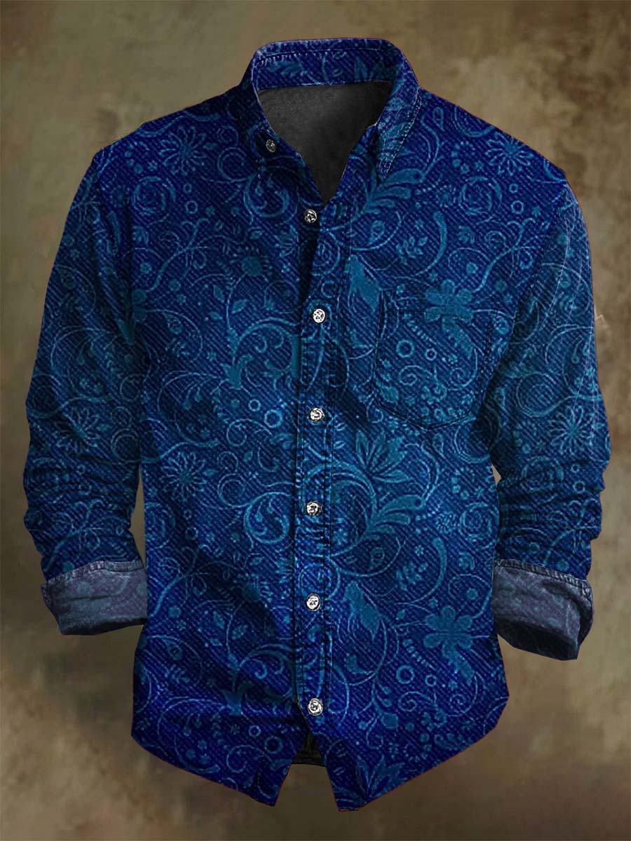 Vintage Floral Print Casual Long Sleeve Shirt