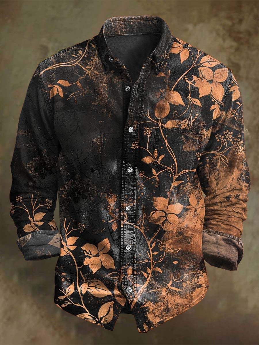 Vintage Gradient Floral Print Casual Long Sleeve Shirt