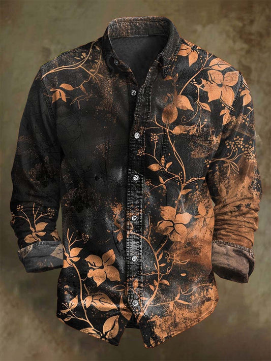 Vintage Gradient Floral Print Casual Long Sleeve Shirt
