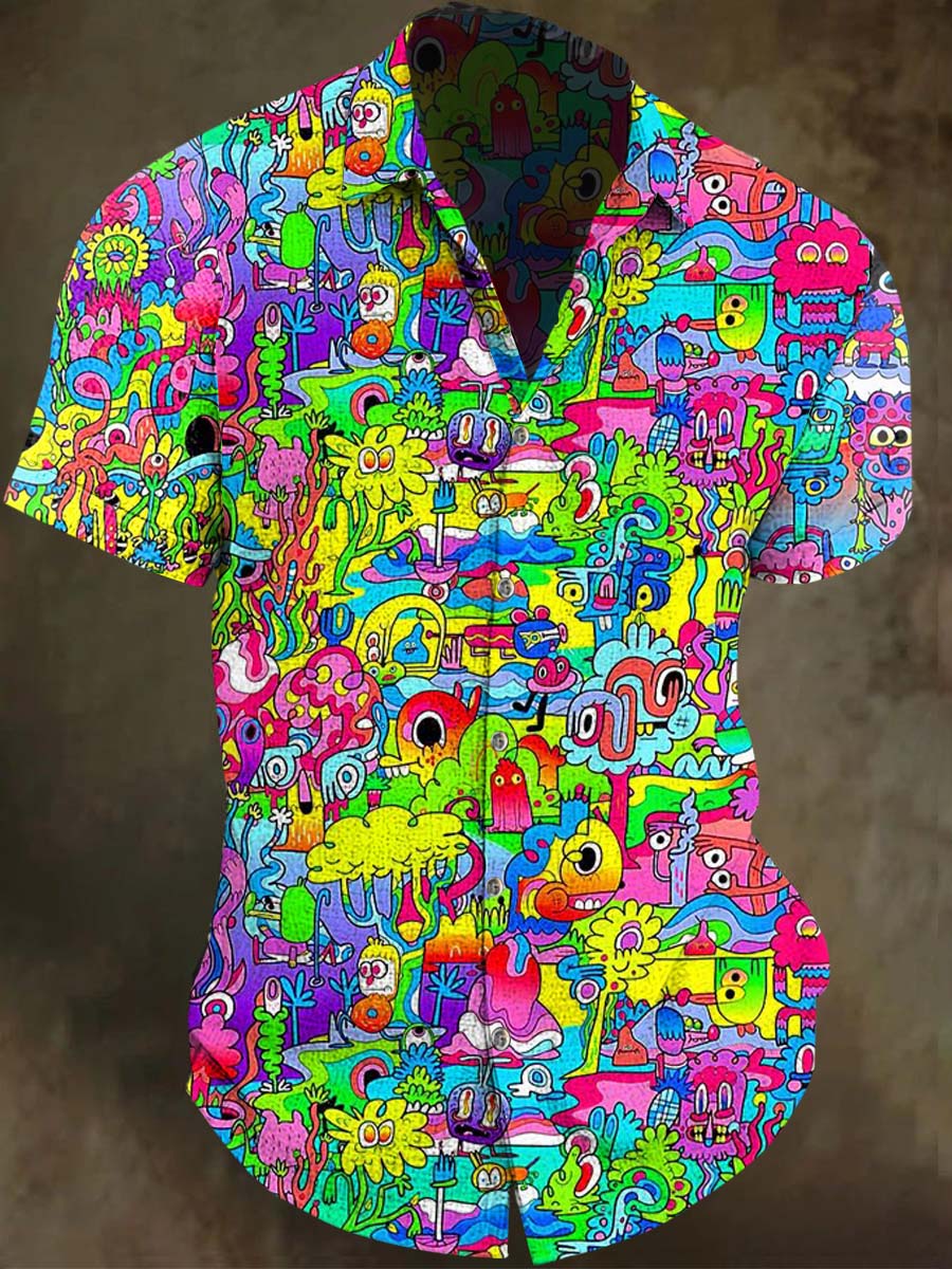Graffiti-Style Cartoon All-Over Print Short-Sleeve Shirt