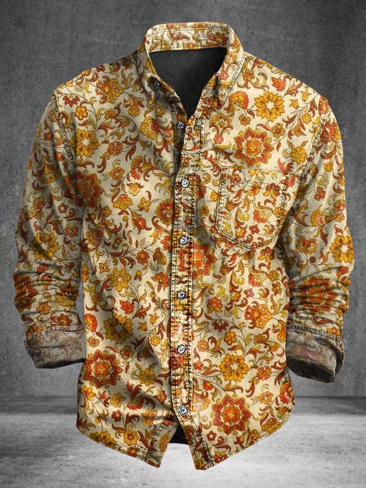 Retro Floral Print Casual Long-Sleeve Shirt