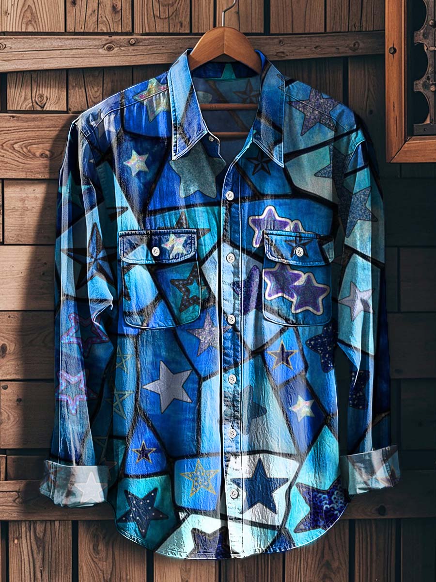 Blue Star All-Over Print Casual Long-Sleeve Shirt