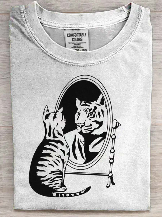 Mirror Tiger Cat Print Casual Short-Sleeve T-Shirt